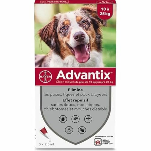 Advantix, Traitement anti puces et tiques pour chien 10 à 25 kg, idéal pour chiots, efficace jusqu'à 8 semaines, 6 pipet