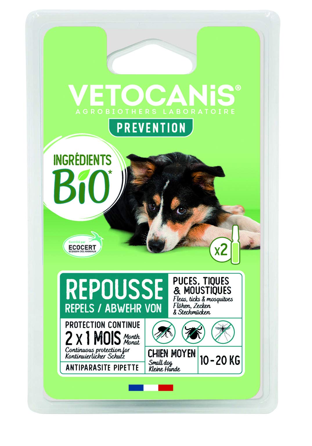 VETOCANIS Pipettes BIO Anti-Puces et Anti-Tiques pour Chien - Formule Naturelle - 2 Pipettes = 6 Semaines de Protection
